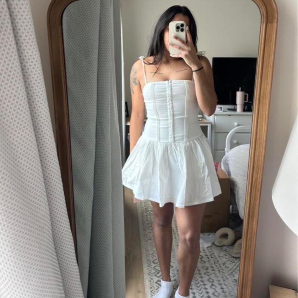 White Corset Style Mini Fit and Flared Dress Shoulder Tie Straps - Picture 14 of 16